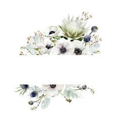 Watercolor floral frame with white anemone flowers, protea, purple thistle, gypsophila. Hand-drawn winter border template isolated on white background for title, wedding invitations, cards, and logo