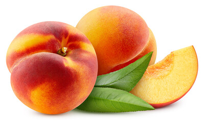 Peach with leaf isolated on white background