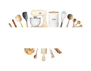 Watercolor frame with baking tools, kitchen utensils, mixer, whisk, rolling pin, spoons, flour, baked goods. Hand-drawn cooking border frame template isolated for cards and logo