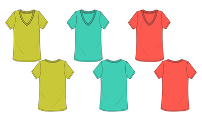 Multicolor V-neck short sleeve t-shirt Technical Fashion Flat  sketch vector Illustration template for women. Apparel Clothing Design Mock up Women's Unisex Cad.