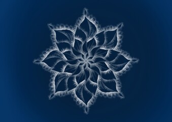 Abstract blue feather effect snowflake. Movement Soft fire Flame. Snowflake from Light and fume isolated on black background