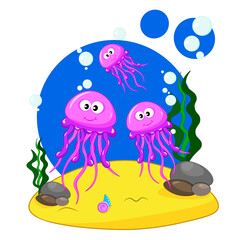 Set of cute jellyfish on the seabed