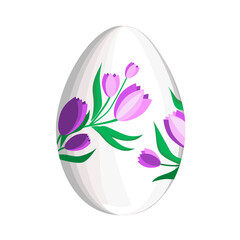 Easter white egg decorated with purple tulips, isolated on a white background.Vector egg can be used in Easter designs.