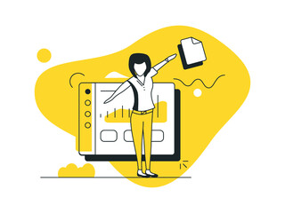 Character interacting with charts and analyzing statistics. Data visualization concept. Vector illustration to use in web and mobile app.