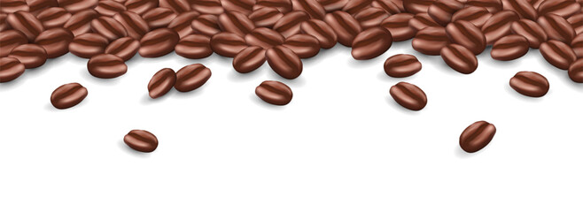 Vector seamless pattern with realistic coffee beans on top isolated on white background. Illustration for packaging design, wallpaper, banner
