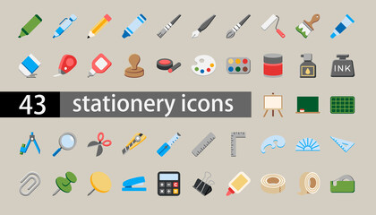 43 Stationery  icons set, flat style - obrazy, fototapety, plakaty
