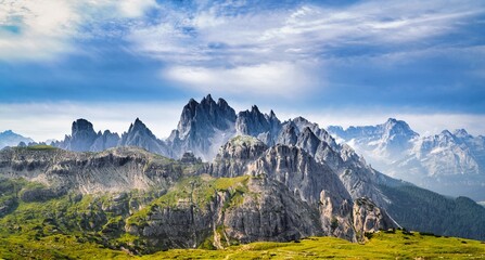 Landscape from Gardena mountain pass of Dolomites mountain range of Italy, Europe, Unesco World Heritage Site