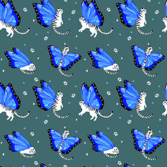 butterfly cats with blue wings, fantasy pattern, seamless