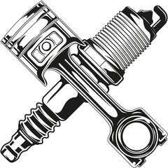 Mechanic logo SVG design with a piston and a spark plug - obrazy, fototapety, plakaty