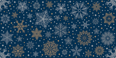 Christmas seamless pattern with geometric motifs. Snowflakes with different ornaments.