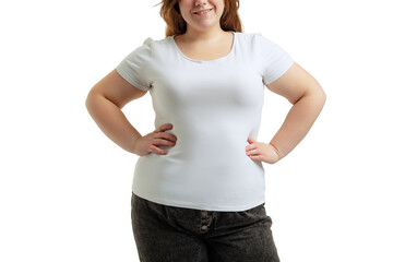 Cropped image of plus-size woman wearing white t-shirt and jeans posing isolated on white studio...