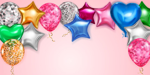 Vector illustration with flying colored helium balloons in various shapes and colors on pink background