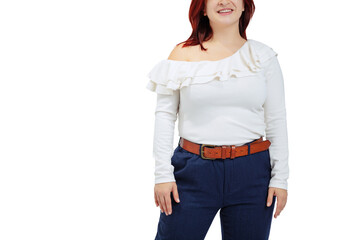 Obraz premium Cropped image of plus-size woman wearing white t-shirt and jeans posing isolated on white studio background.