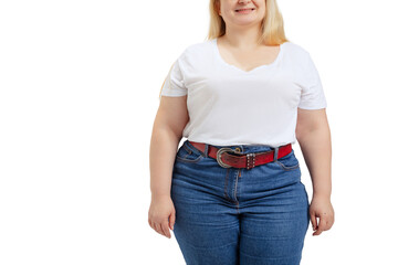 Fototapeta premium Cropped image of plus-size woman wearing white t-shirt and jeans posing isolated on white studio background.