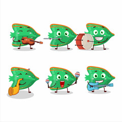 Cartoon character of fish green gummy candy playing some musical instruments
