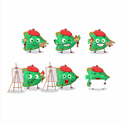Artistic Artist of fish green gummy candy cartoon character painting with a brush