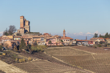 CUNEO, ITALY 06 DECEMBER 2021: Castle of Serralunga d'Alba, a village in the Langhe region, Piedmont, Italy