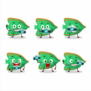 Photographer profession emoticon with fish green gummy candy cartoon character