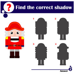 Educational game for children. Find the correct shadow. Cute nutcracker