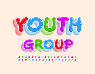 Vector bright sign Youth Group with artistic 3D Font. Colorful creative Alphabet Letters and Numbers set