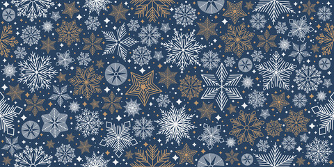 Christmas seamless pattern with geometric motifs. Snowflakes with different ornaments.