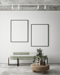 mock up poster frame in modern interior background, living room, Scandinavian style, 3D render, 3D illustration