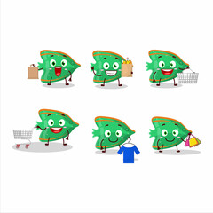 A Rich fish green gummy candy mascot design style going shopping