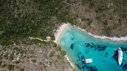 Beach rocky coast of Croatia island, Mediterranean sea national park. Yachting and sailing tourist holiday. - obrazy, fototapety, plakaty