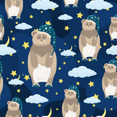 Seamless pattern with sleepy bears on a blue background. 
Kids cute night pattern with clouds, stars and moon. Square format. Flat cartoon style.