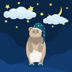 Cute sleepy bear with a pillow on a blue background. 
Kids night illustration with clouds, stars, moon and cartoon character. Flat style, square illustration. Children's postcard.