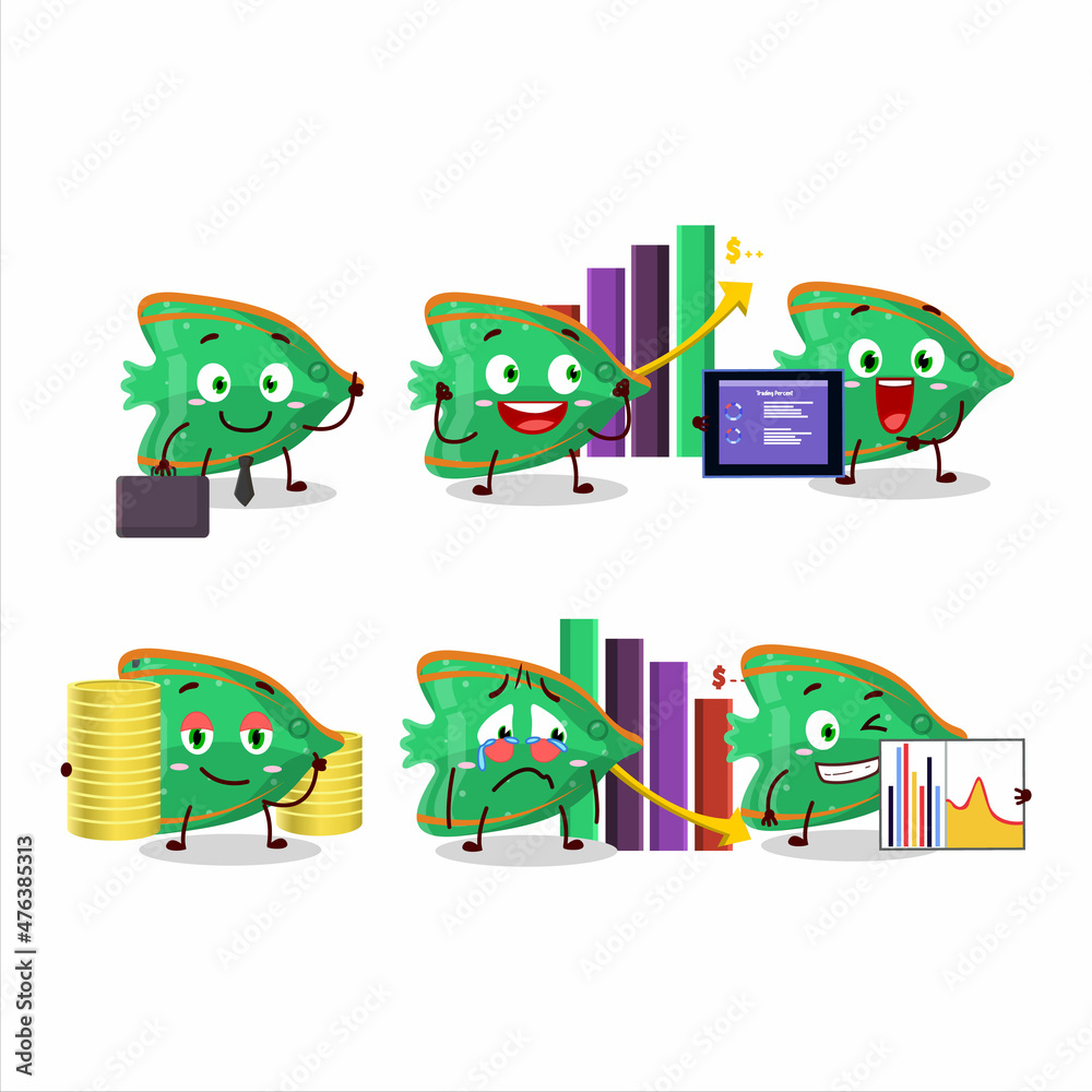 Poster fish green gummy candy character designs as a trader investment mascot