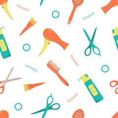 Seamless pattern hairdressing tool kit for beauty salon or home use. Vector illustration of doodle icons for self and hair care. Comb, razor, hair dryer, curling iron and other items.