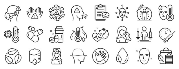 Set of Healthcare icons, such as Collagen skin, Vaccination schedule, Medical mask icons. Health skin, Fever temperature, Cardio training signs. Medical drugs, Cough, Bio shopping. Fever. Vector