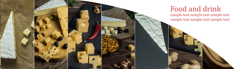 Food collage. Varied food. Delicious  assortment. Meat, fish, vegetable dishes. Copy space