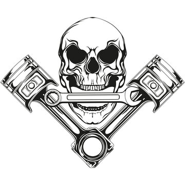Mechanic logo SVG design with a skull, wrench, and pistons, tattoo template, mechanic shirt, car service, auto service, car repair, auto repair