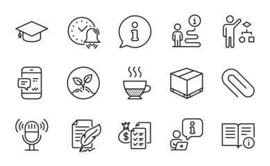 Line icons set. Included icon as Smartphone notification, Paper clip, Graduation cap signs. Doppio, Feather signature, Accounting wealth symbols. Alarm bell, Algorithm, Microphone. Startup. Vector