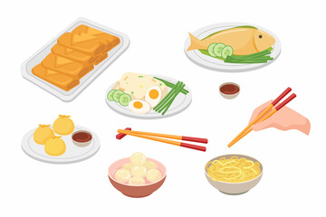 Food for the festive table. Delicious Chinese traditional food. Vector cartoon illustration.