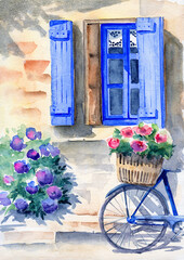Fototapeta na wymiar Watercolor illustration of a house wall with a window with blue wooden shutters, flowers in a flower bed and a blue bike with a basket of flowers