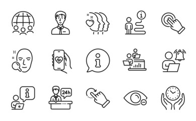 People icons set. Included icon as Global business, Rotation gesture, Safe time signs. Face search, Friends couple, Teamwork symbols. Businessman person, Myopia, Touchscreen gesture. Vector
