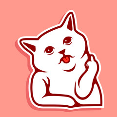 Cute Smiling Face White Cat Animal With Tongue Out Showing Fuck You Hand Gesture Vector Illustration - Vector