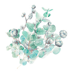 New Year bouquet with eucalyptus and cotton boxes on a white background,watercolor drawing © Елена Устьянцева