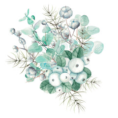 New Year bouquet with eucalyptus,cotton boxes and white berries on a white background,watercolor drawing © Елена Устьянцева