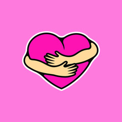 Hand embracing pink heart with love vector illustration, embracing love symbol - Vector
