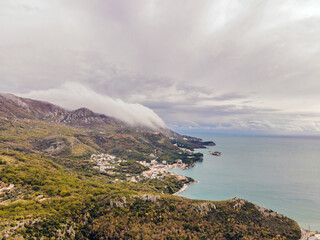 Rocky seashore. Montenegro. Drone photo. Przno and Kamenovo beach