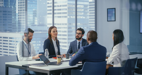 Modern Multi-Ethnic Office Conference Room Meeting: Diverse Team of Ambitious Top Managers,...