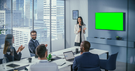 Office Conference Room Meeting Presentation: Asian Businesswoman Talks, Uses Green Screen Chroma...