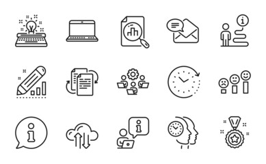 Education icons set. Included icon as Edit statistics, New mail, Time management signs. Customer satisfaction, Winner reward, Typewriter symbols. Time change, Analytics graph, Notebook. Vector