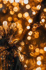 Golden magic glittering bokeh lights of festive Christmas garland. New Year sparkling background...