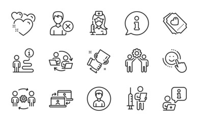 People icons set. Included icon as Teamwork process, Employees teamwork, Person signs. Love ticket, Engineering team, Vaccination symbols. Winner cup, Vaccination announcement, Smile. Vector