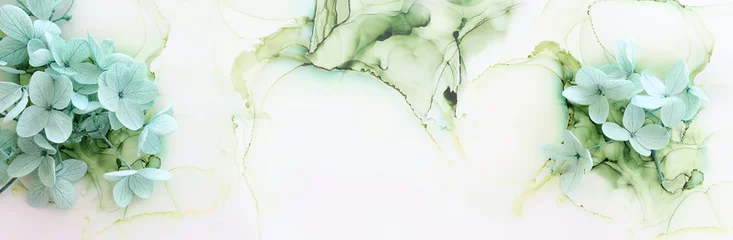 Schilderijen op glas Creative image of pastel mint green Hydrangea flowers on artistic ink background. Top view with copy space © tomertu